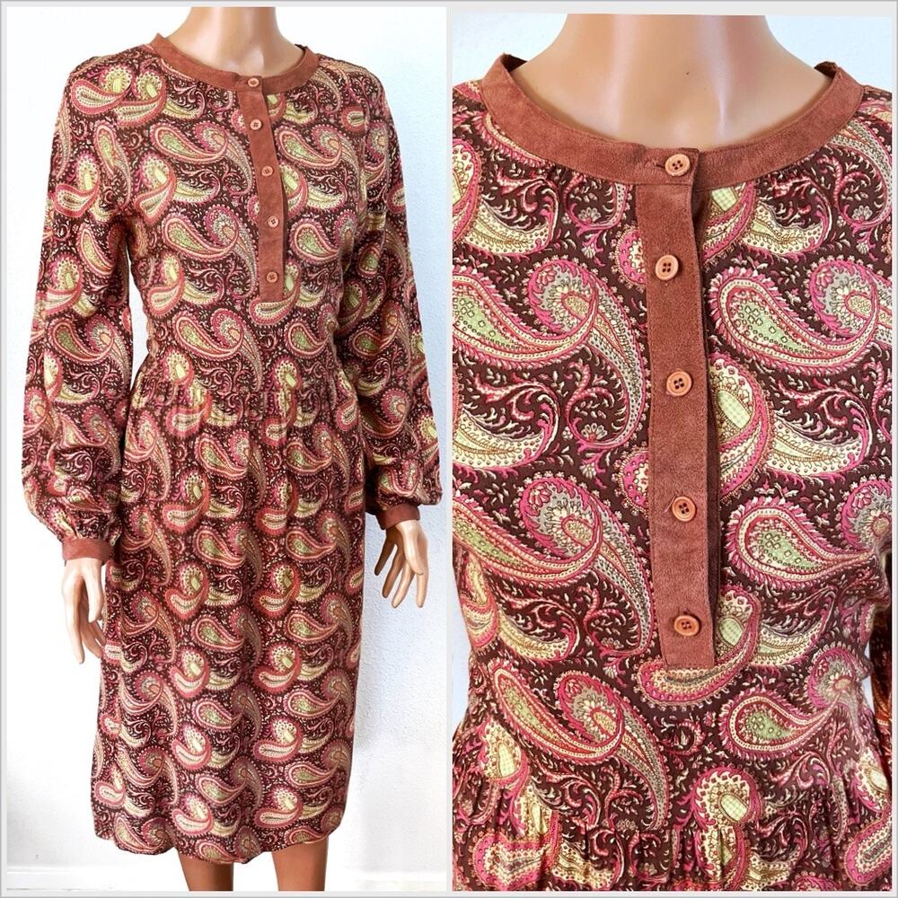 Vintage 70s / 80s Paisley Dress Brown Red Midi //‎ Size Medium